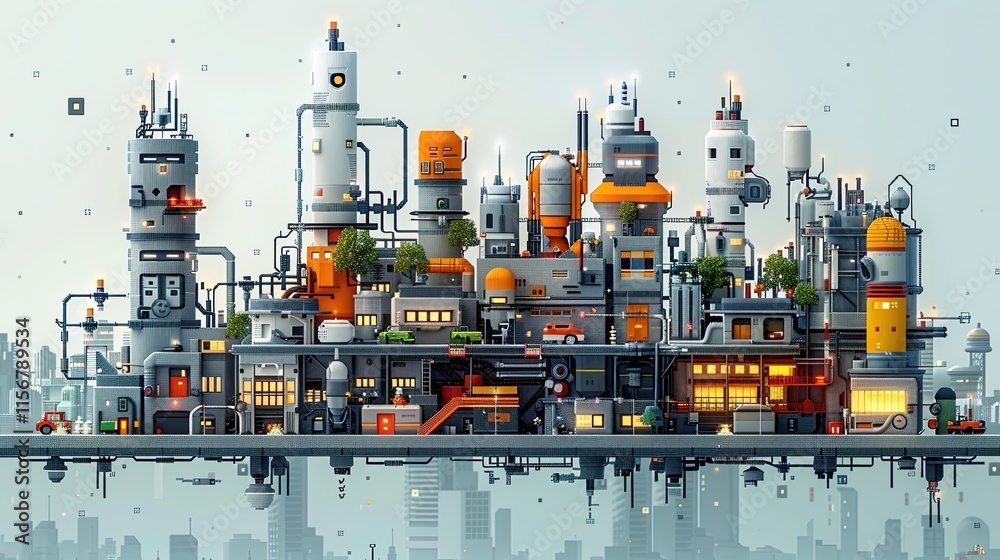Fototapeta premium flat design, illustration, The Robot City Builder: Robots working together to design a futuristic city