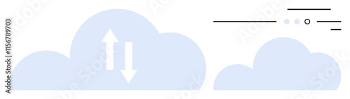 Two clouds, one larger with up-down arrows, smaller cloud with lines and dots indicating data transfer. Ideal for cloud storage, data management, digital solutions, internet services, technology, IT