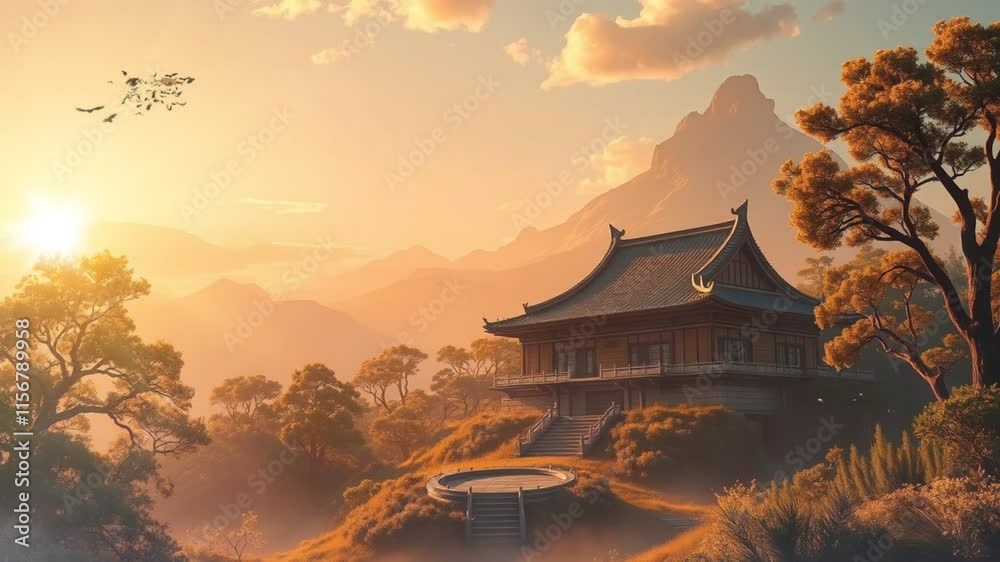 Serene landscape featuring a traditional building amidst mountains and trees at sunset.