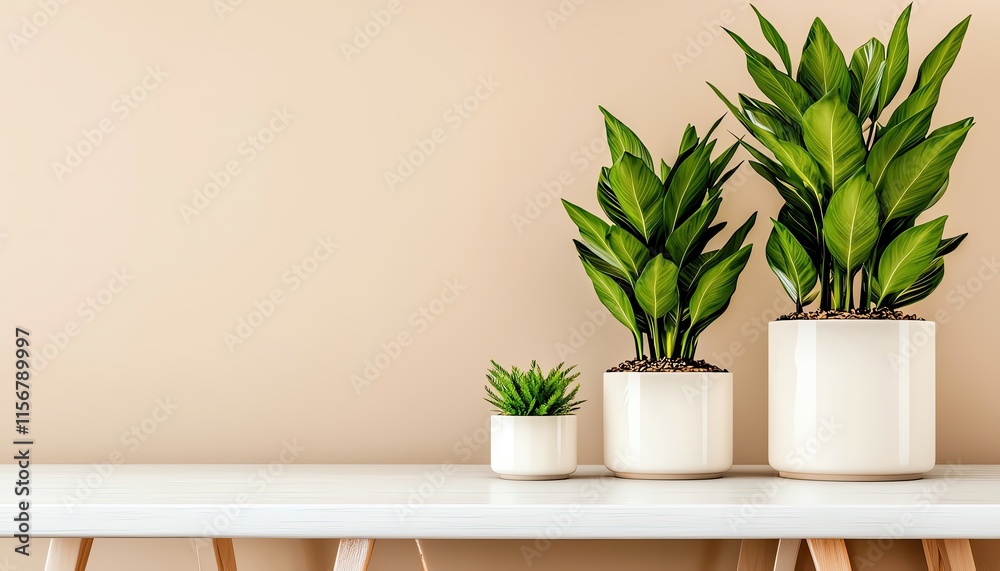 sustainable living minimalism practices concept. A serene display of various indoor plants in white pots against a beige wall, perfect for enhancing home decor and bringing nature indoors. sustainable living minimalism practices concept. A serene display of various indoor plants in white pots against a beige wall, perfect for enhancing home decor and bringing nature indoors.