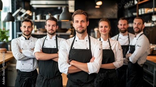 Fototapeta Naklejka Na Ścianę i Meble -  Confident chef team standing in a restaurant kitchen, arms crossed, smiling at the camera.