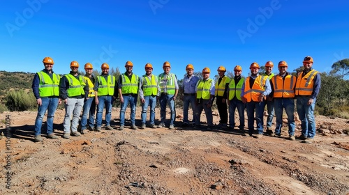Group of construction workers posing for a photo on a sunny day at a site.