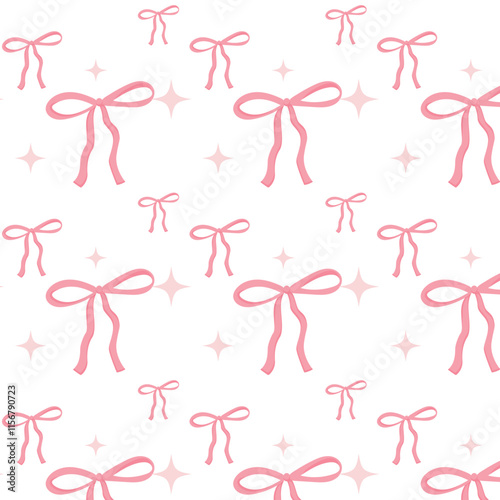 A pattern of pink bows is spread across a white background. The bows are drawn in a stylized way, with some of them overlapping and others standing out. The overall effect is one of whimsy