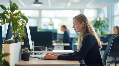 Young woman working at computer in modern office. Free Download Young woman working at computer in modern office. - GFXLoad