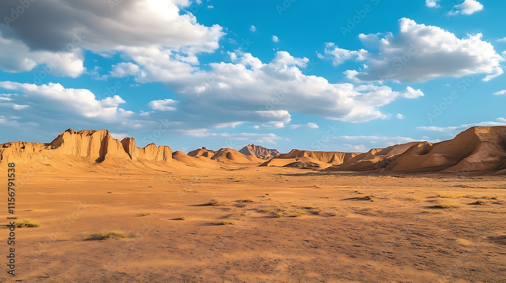 Fototapeta premium Wide Shot Photo: Majestic Desert Landscape Under a Vivid Sky. AI Generated