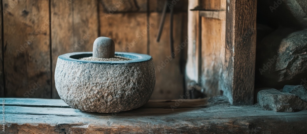 Antique stone mortar and pestle on wooden surface in rustic workshop. Antique stone mortar and pestle on wooden surface in rustic workshop.