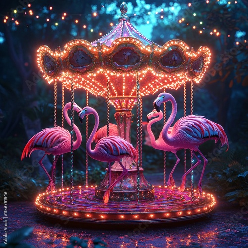 A family of cartoon flamingos enjoying a glowing merry-go-round