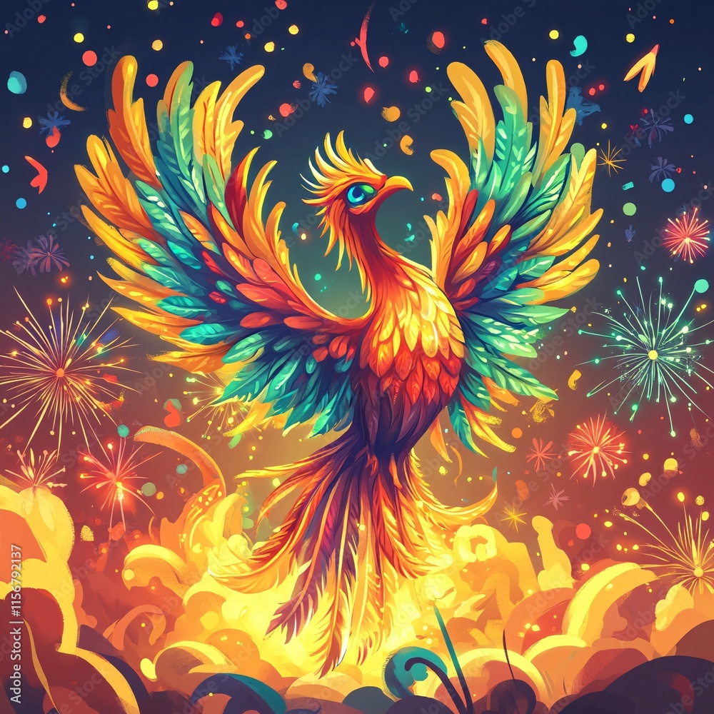Obraz premium A cartoon phoenix glowing with vibrant flames surrounded by fireworks