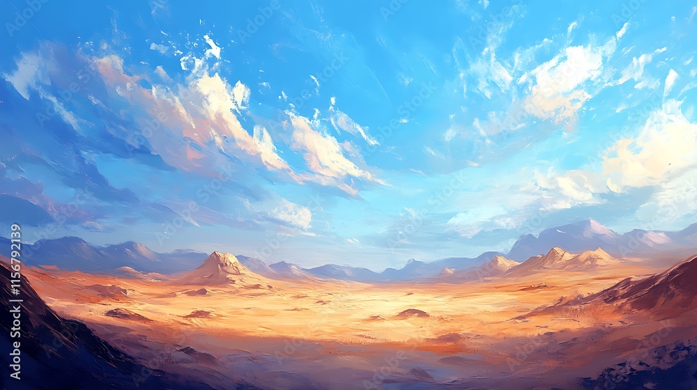 Naklejka premium Vibrant Digital Painting: Sunlit Desert Landscape Under a Vast, Dreamy Sky. AI Generated