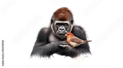 Gorilla and Bird: A Delicate Colored Pencil Drawing AI Generated photo