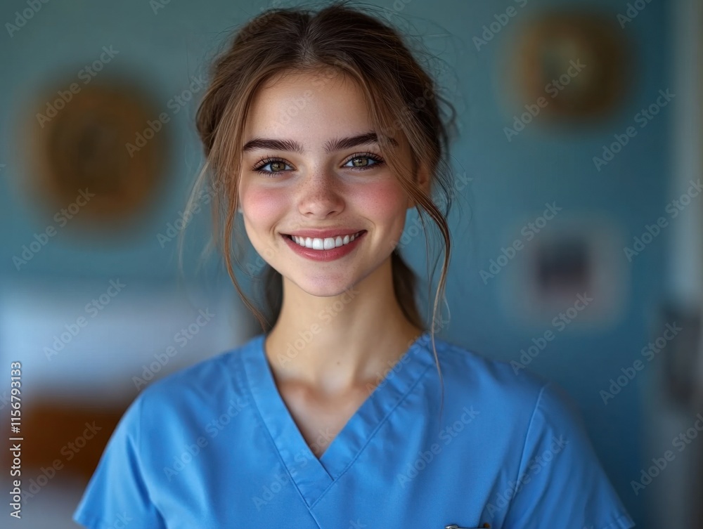 Fototapeta premium A cheerful woman in medical attire smiles warmly at the camera. Her blue scrubs contrast with the soft, blurred background.