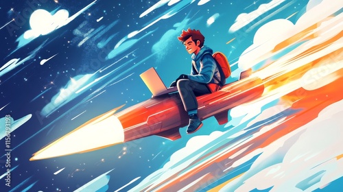 A boy is sitting on a rocket ship with a laptop in his lap