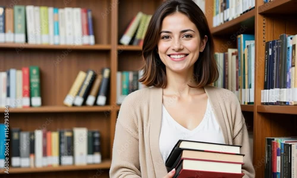 Smiling Young Woman Holding Books in Library Setting, Perfect for Educational or Inspirational Posters Smiling Young Woman Holding Books in Library Setting, Perfect for Educational or Inspirational Posters