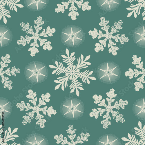 Seamless green-blue bicolor winter pattern with doolle white dotted snowflakes and stars