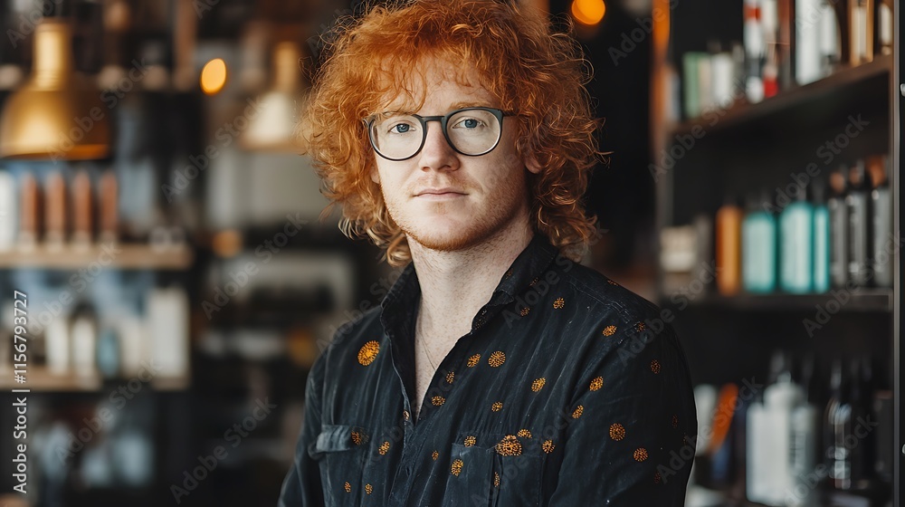 Fototapeta premium Close-up Photo: Confident Young Man Posing Calmly in Trendy Barber Shop. AI Generated