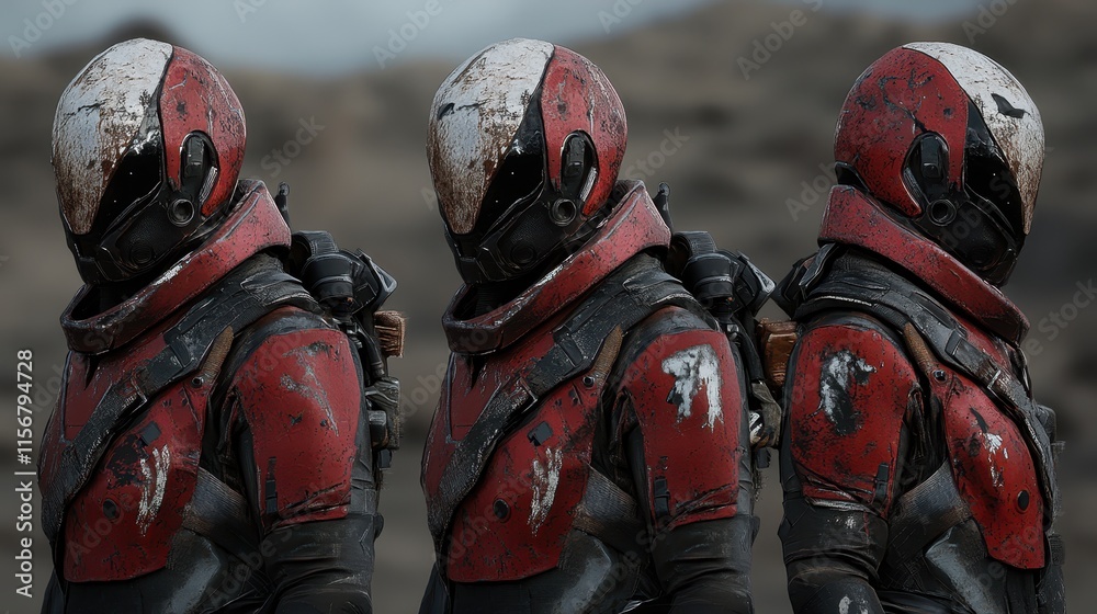 Obraz premium A trio of futuristic armored figures stands in a barren landscape, showcasing weathered red suits and intricate details, This image can be used for sci-fi projects, gaming, or battle-themed artwork,