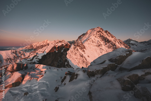 Winter in the high mountains of the Slovak Tatras during sunrise