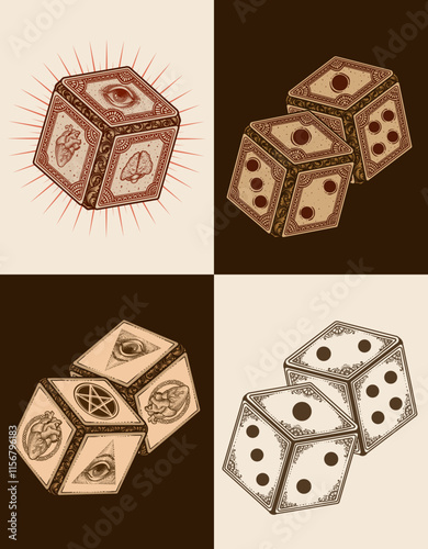 Set of 4 antique dice with various variations and styles, vector design