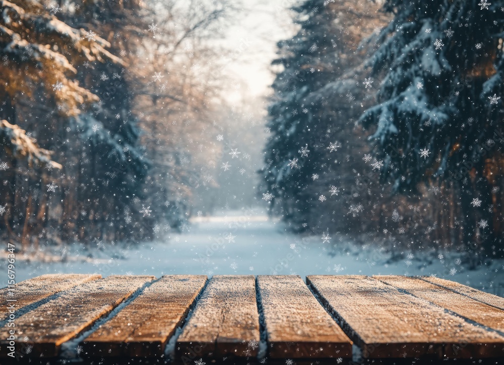 Snowy Winter Landscape with Rustic Wooden Table in Foreground and Softly Falling Snowflakes Creating a Peaceful and Serene Atmosphere in a Forest Setting