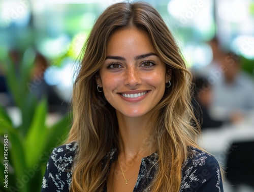 A young woman with long hair smiles warmly indoors, surrounded by office greenery. She appears relaxed and content in a professional setting. photo