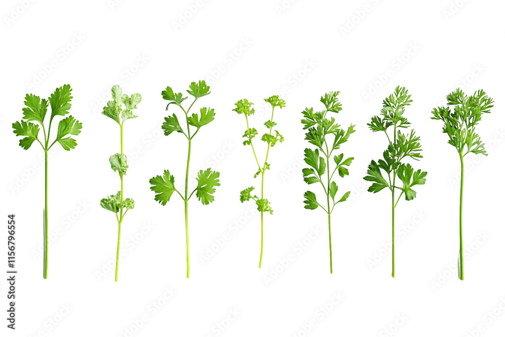 Obraz premium Collection of Cilantro and Similar Herb Sprigs Isolated On A White Background, PNG Transparent