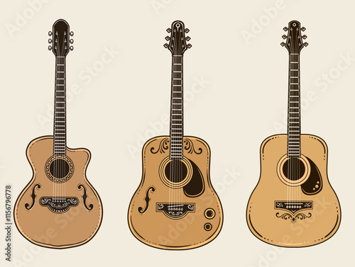 Set of 3 acoustic guitar on white background