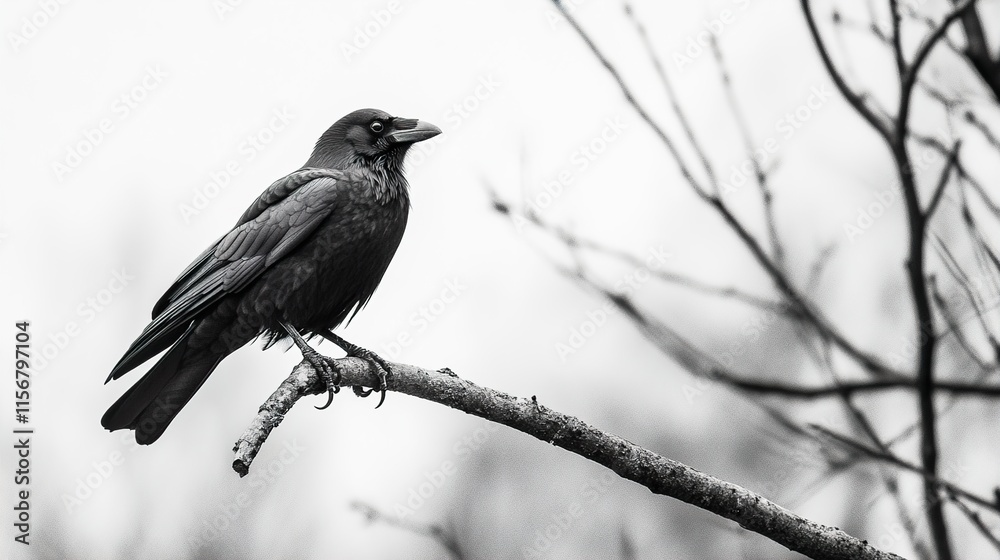 Majestic Crow Perched on Branch: Black and White Photography Majestic Crow Perched on Branch: Black and White Photography