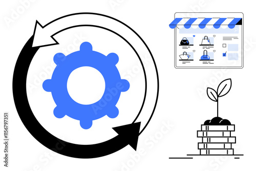 Gear with rotating arrows symbolizing process, small online store interface, plant sprouting from coin stack. Ideal for illustrating business development, e-commerce, growth, process optimization