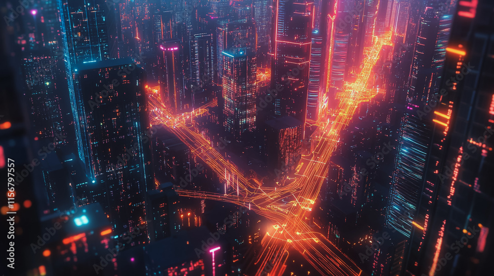 Obraz premium Smart digital Innovation city with connection network reciprocity over the cityscape. of future smart wireless city and social media networking systems that connects business people with in city
