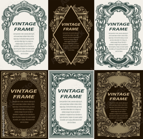 Set engraving ornament Vintage floral engraving frame set. Template greeting card border or invitation