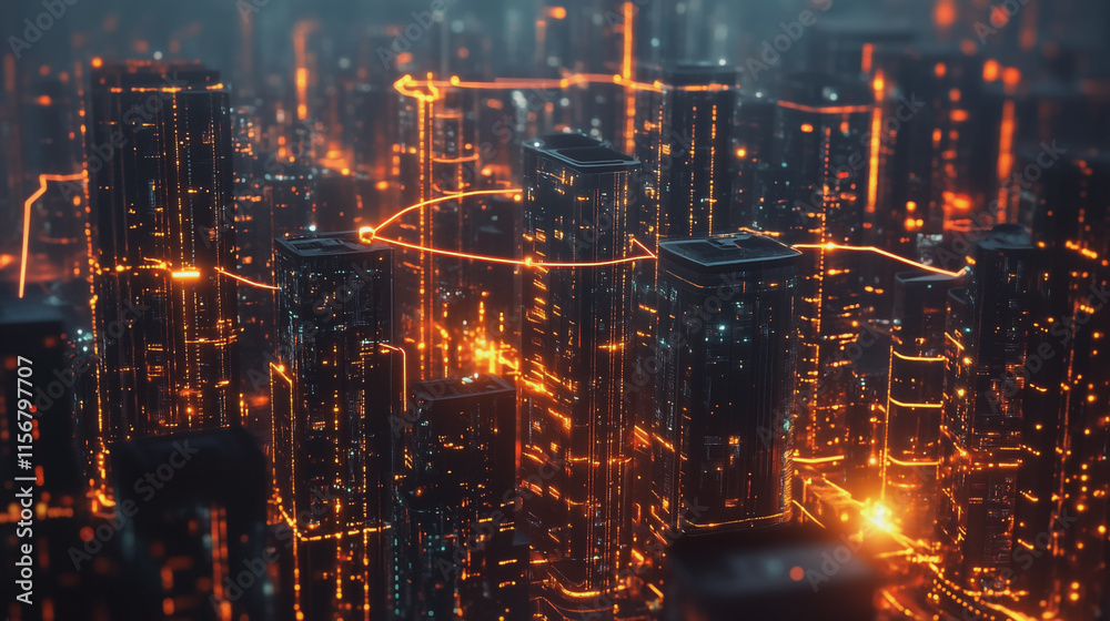 Fototapeta premium Smart digital Innovation city with connection network reciprocity over the cityscape. of future smart wireless city and social media networking systems that connects business people with in city