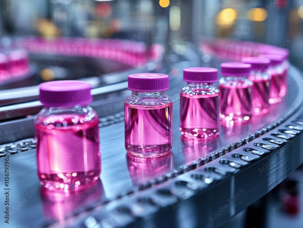 Vials filled with pink liquid move along a production line in a pharmaceutical factory, showcasing industrial precision and efficiency. Vials filled with pink liquid move along a production line in a pharmaceutical factory, showcasing industrial precision and efficiency.