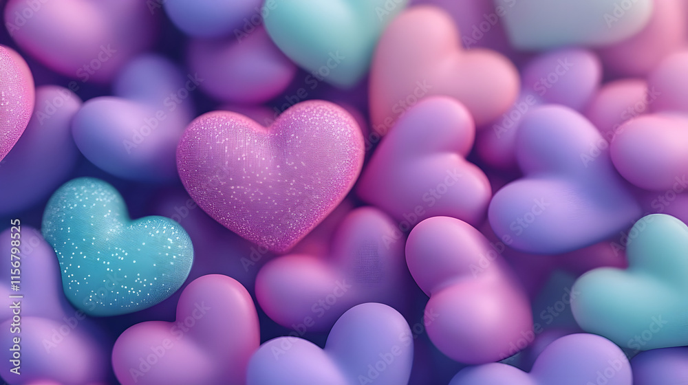 Obraz premium Multicolored Heart background. Valentine Wallpaper with Violet, Pink and Turquoise love hearts. 3D Render