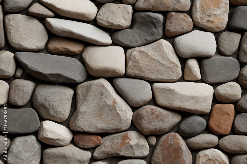 An irregularly shaped stone wall in various shades of gray, black, and reddish brown. The stones are set in white cement mortar that contrasts well with the darker color of the stones. An irregularly shaped stone wall in various shades of gray, black, and reddish brown. The stones are set in white cement mortar that contrasts well with the darker color of the stones.