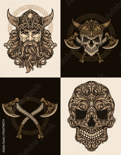 Set of 4 viking warriors with engraving hand drawn style