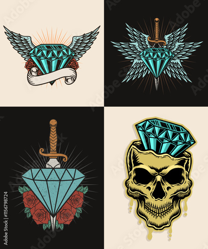 Set of vintage 4 diamonds with various variations and styles, vector design