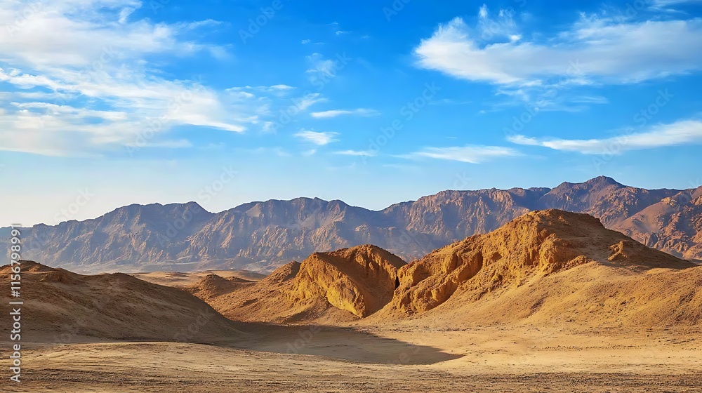Fototapeta premium Stunning Wide Shot Photo: Majestic Desert Mountains Bask Under a Vivid Blue Sky. AI Generated