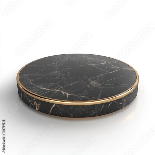 Elegant Black Marble Pedestal with Gold Trim on White Background for Product Display and Design
