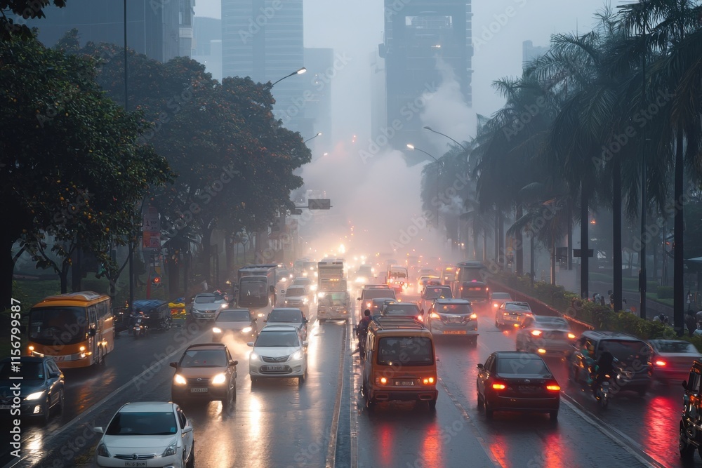 Obraz premium Air pollution in crowded city full of fog and smoke