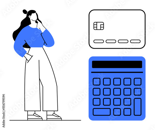 Woman in blue top and wide pants standing next to a credit card and calculator. Ideal for finance, budgeting, personal finance, accounting, financial planning, debt management, and educational