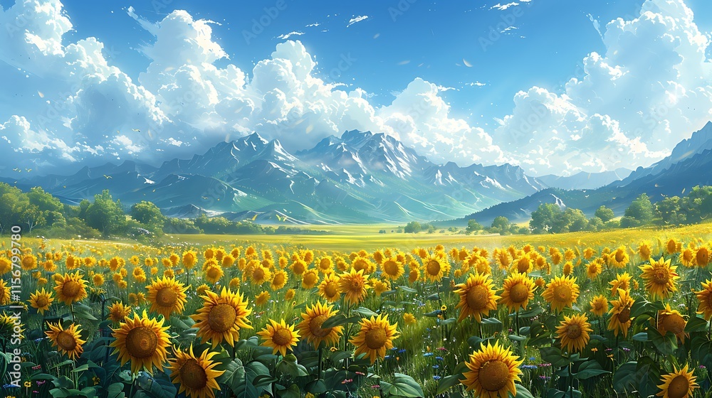 Fototapeta premium Summer meadow with blooming sunflowers
