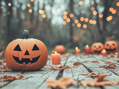 A spooky Halloween scene featuring carved pumpkins on a wooden path, surrounded by autumn leaves and glowing candles, with blurred lights in the background. photo