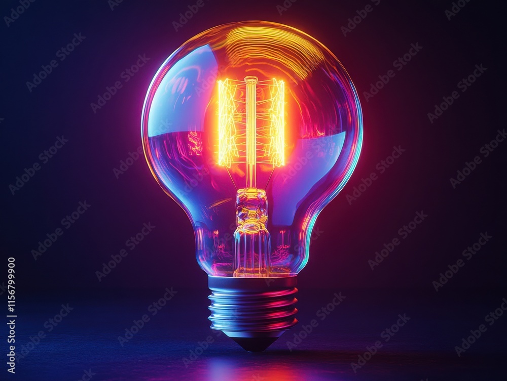 A vibrant, glowing light bulb with colorful neon hues, creating a futuristic and dynamic visual effect against a dark background. A vibrant, glowing light bulb with colorful neon hues, creating a futuristic and dynamic visual effect against a dark background.