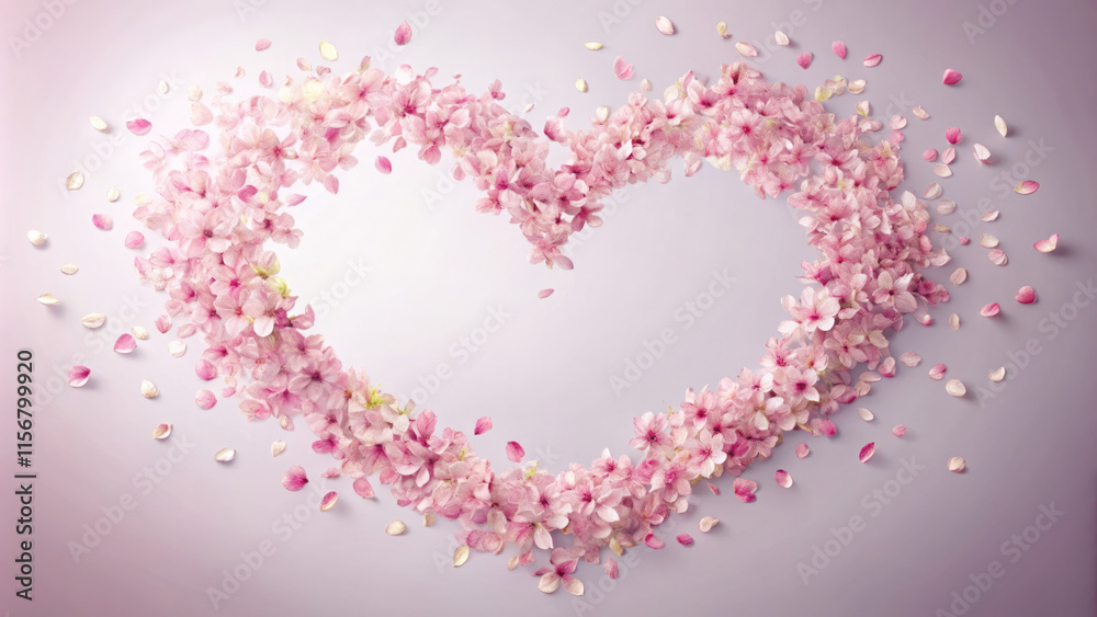 The heart shape formed by scattered pink flower petals on a light background symbolizes love, tenderness and romance for Valentine's Day,wedding invitations or any project that needs a delicate and ro