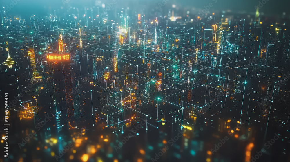 Obraz premium Smart digital Innovation city with connection network reciprocity over the cityscape. of future smart wireless city and social media networking systems that connects business people with in city