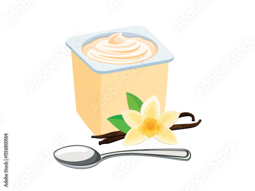 Vanilla yogurt in a plastic cup and spoon vector illustration. Vanilla yogurt plastic cup icon vector isolated on a white background. Yoghurt and vanilla flower and stick drawing