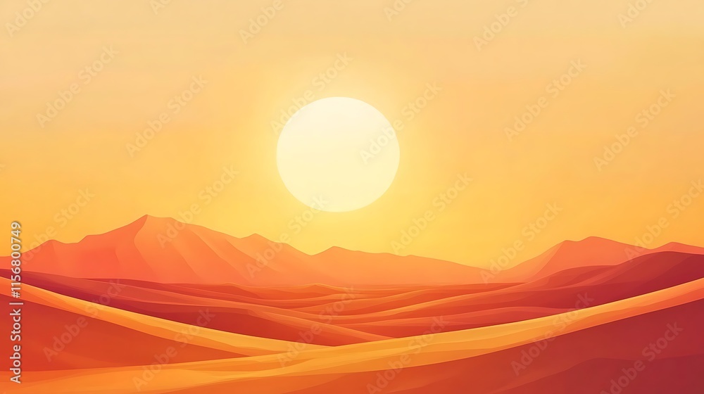 Obraz premium Warm Sunset Over Gently Rolling Desert Hills: Vibrant Digital Illustration. AI Generated