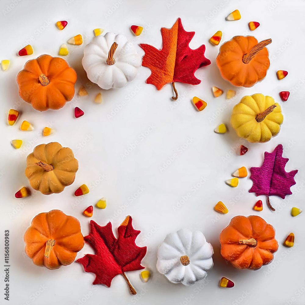 Fototapeta premium Autumnal Pumpkins, Candy Corn, and Maple Leaves Border Design, Generated image