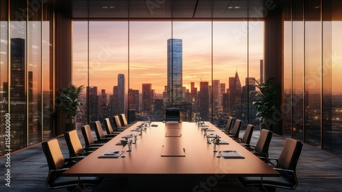 A luxury corporate boardroom with executives in a meeting overlooking a city skyline
