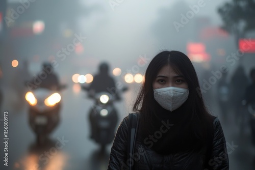 Air pollution in crowded city full of fog and smoke photo